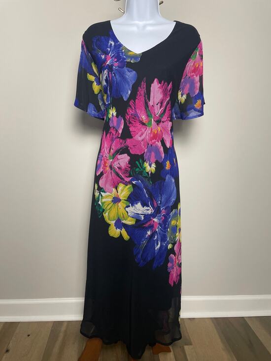 Serengeti Dresses & Skirts - Serengeti Size L Maxi Dress Black Multicolor Floral Chiffon Lined Short Sleeves